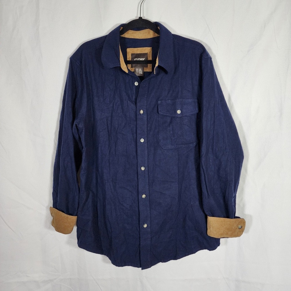 CQR Navy Blue Corduroy Trim Long Sleeve Button Down Shirt Jacket Menswear